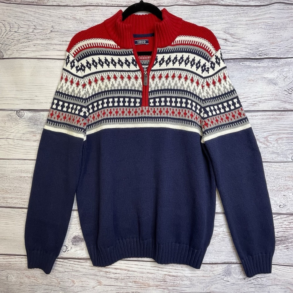 IZOD Men's 1/4 Zip Pullover Knit Sweater Medium Multi Colorblock Fair Isle